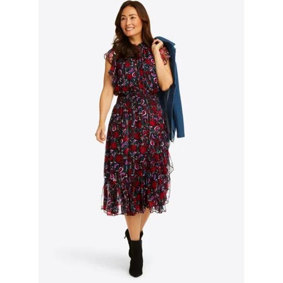 Draper James Kacey Dress Smocked Waist Faux Wrap Ruffle Flutter Floral Midi - Picture 13 of 13